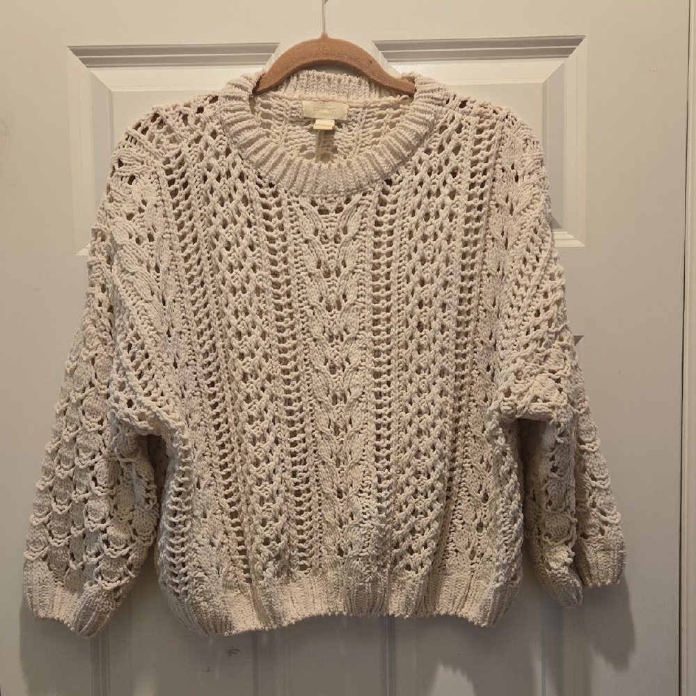 Forever 21 Sweater S Cream Cable Open Knit Crewneck Ribbed Balloon Sleeve Crop